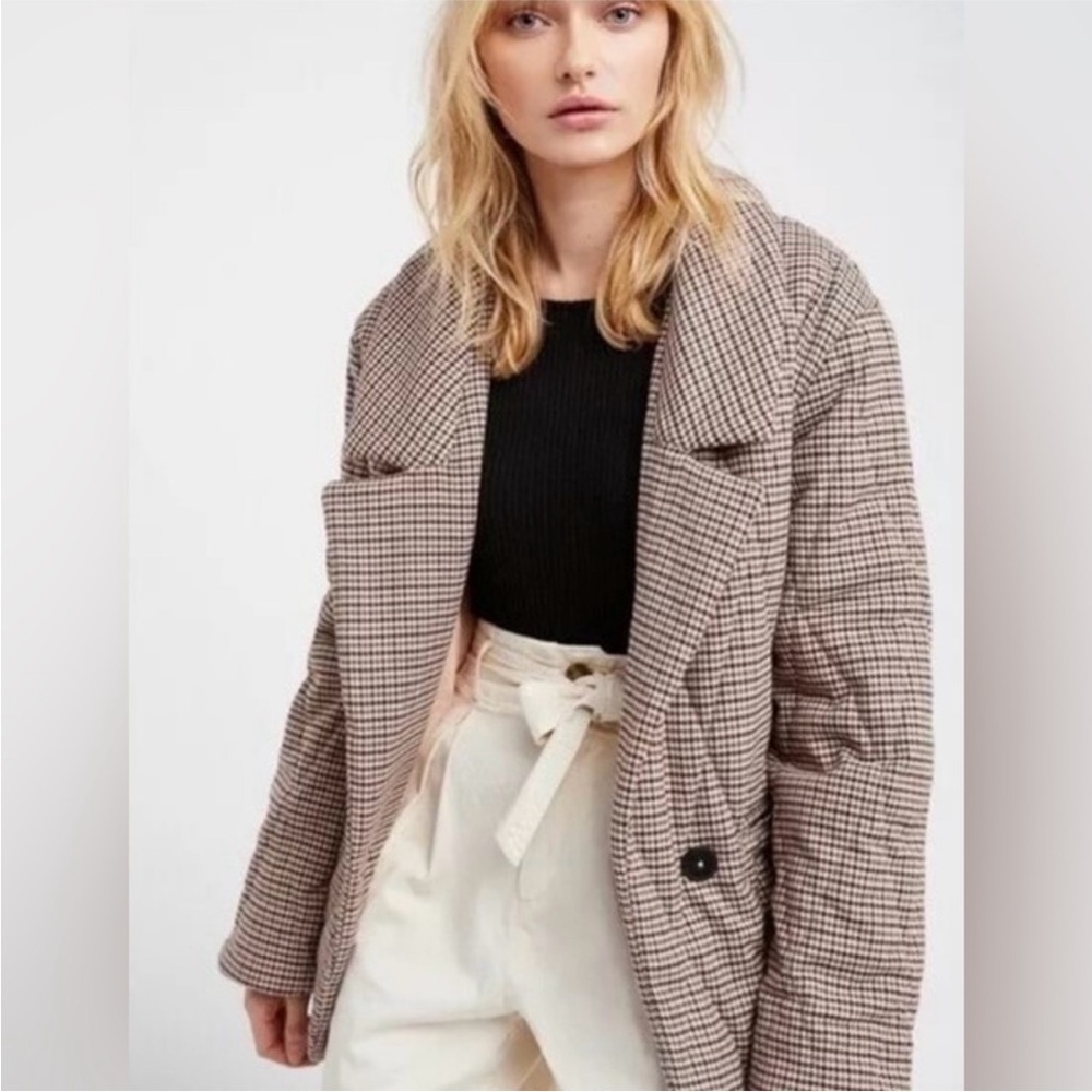 Free People Womens Tawny Plaid Puffer Jacket Houndstooth Quilted Blazer Medium - Picture 3 of 7
